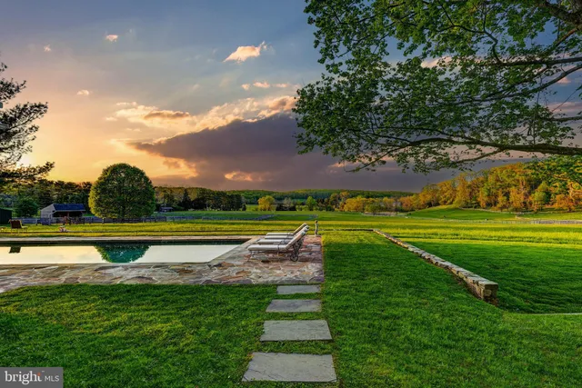 a view of a big yard with a table and a chairs