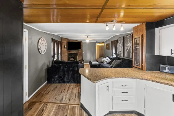 a kitchen with granite countertop lots of counter top space