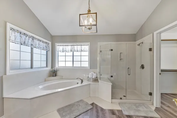 a bathroom with a bathtub and a shower