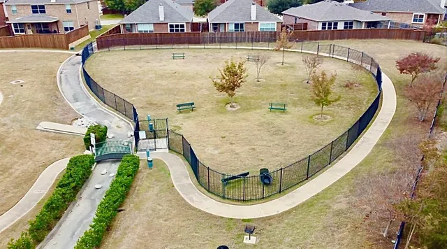 an aerial view of a swimming pool