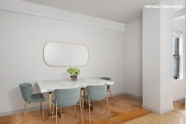 a dining room with furniture a chandelier and wooden floor