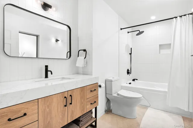 a bathroom with a double vanity sink mirror and toilet