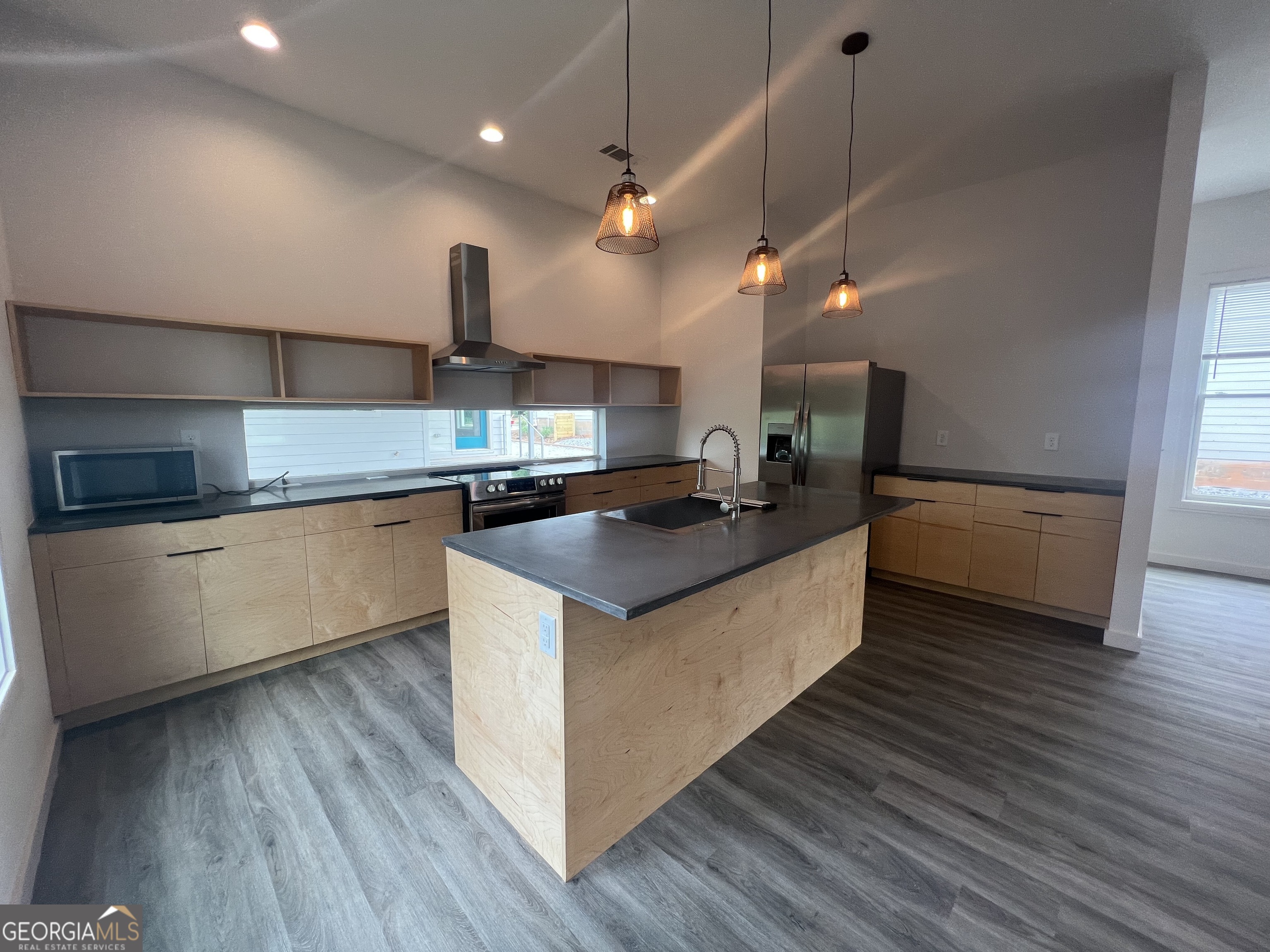 221 North Avenue Athens, GA 30601 - Photo 3 of 7 a large kitchen with stainless steel appliances granite countertop a sink and a wooden floors