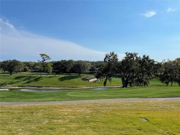 a view of a golf course with a lake