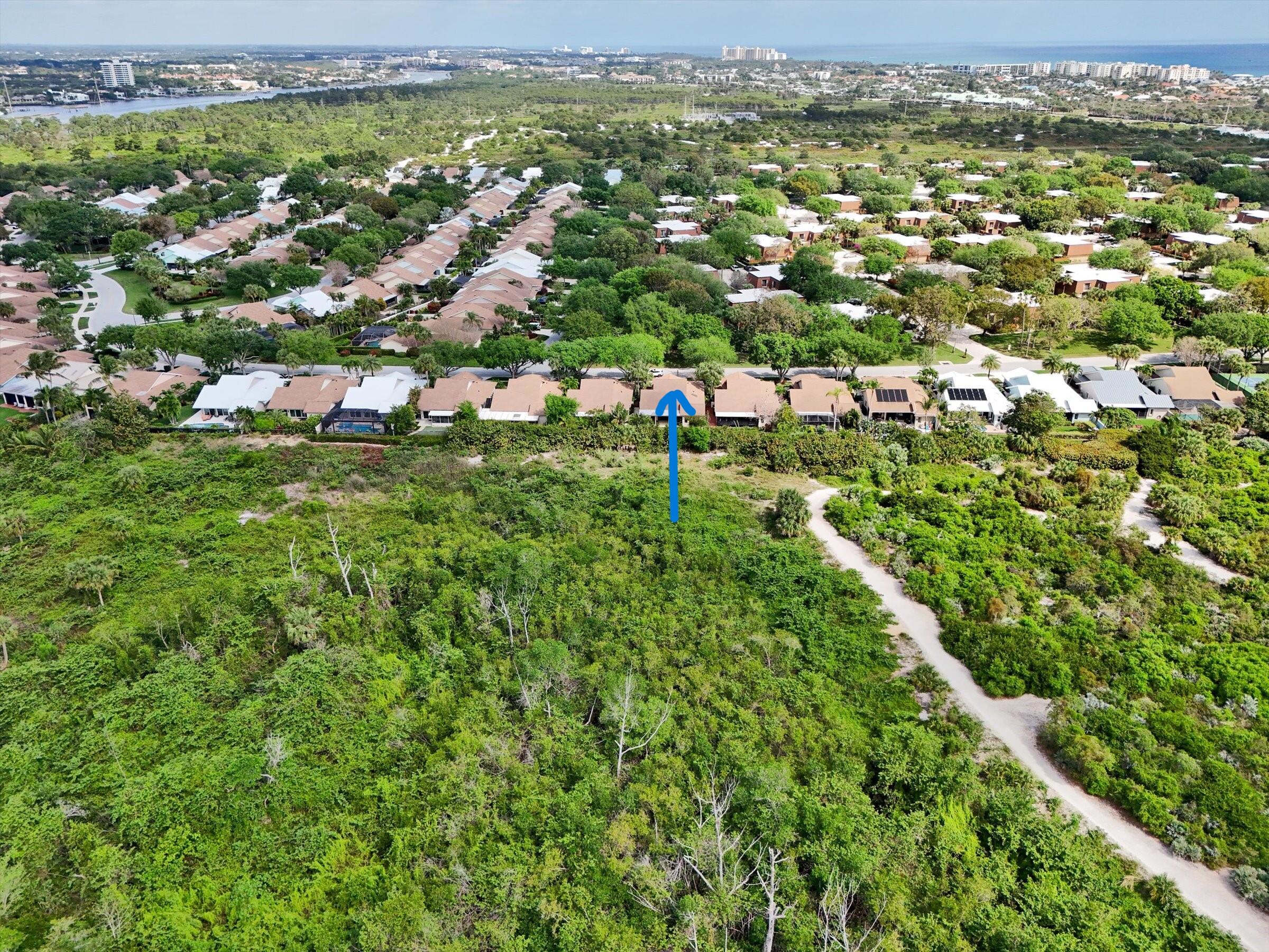 an aerial view of residential houses with outdoor space and trees
