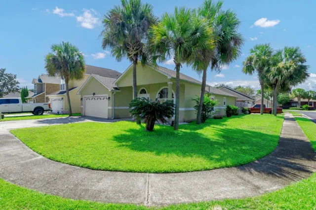 a view of a house with a swimming pool and a yard