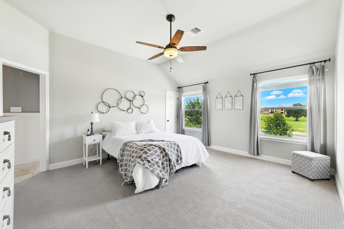 316 Caraway Kyle, TX 78640 - Photo 19 of 39 Bedroom featuring lofted ceiling, light colored carpet, and a ceiling fan