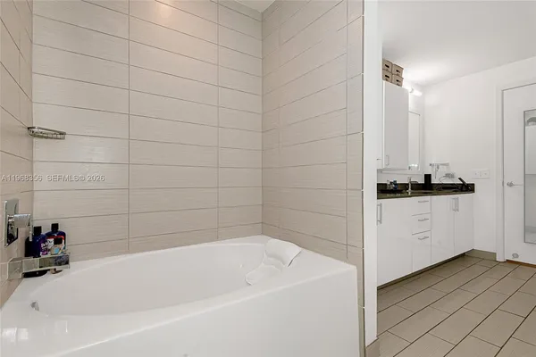 a bathroom with a bathtub