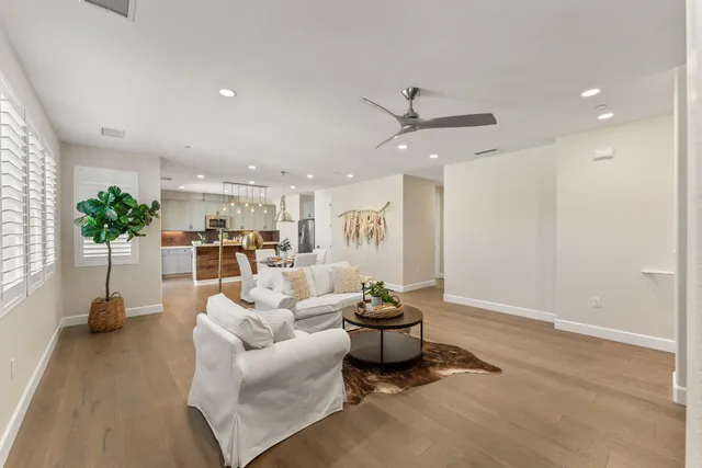 a living room with furniture and a potted plant