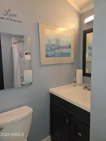 a bathroom with a sink mirror vanity and toilet