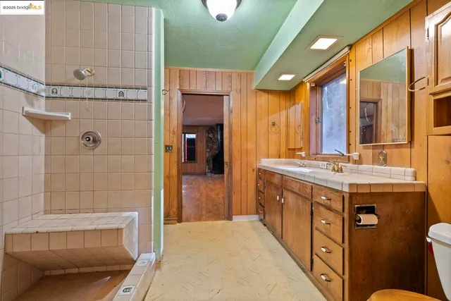 a bathroom with a granite countertop sink a mirror and a shower
