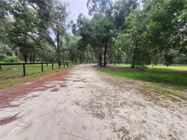 a view of a field with an trees in the background