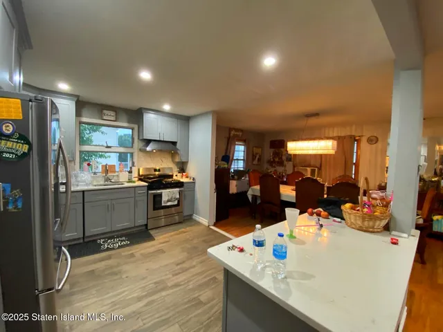a view of a dining room with furniture