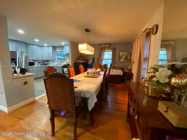 a view of a dining room with furniture