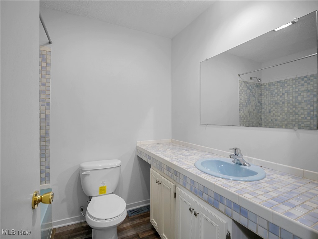 6875 Morrell Ray Road Bristolville, OH 44402 - Photo 18 of 39 Bathroom with vanity, wood finished floors, visible vents, baseboards, and toilet