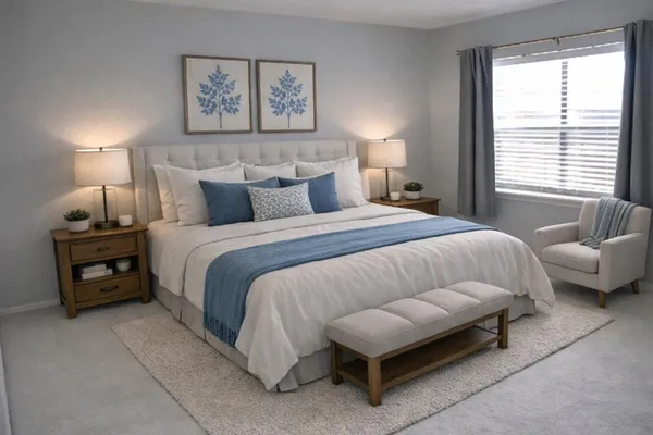 a bedroom with a bed and a couch