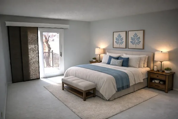 a spacious bedroom with a bed and a lamp on dresser