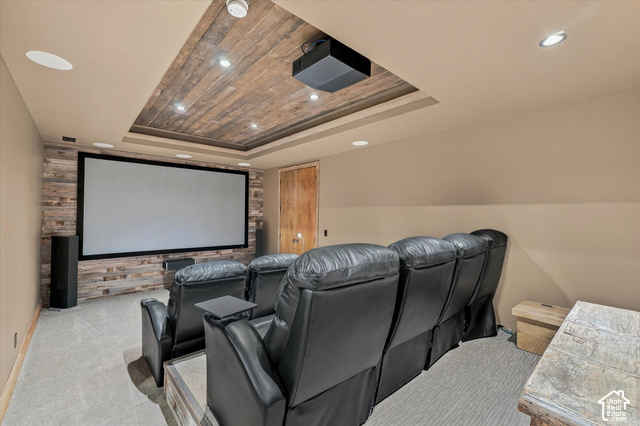 5936 Triple Crown Trail Oakley, UT 84055 - Photo 55 of 57 Dedicated media room featuring a large projection screen, wood-finish accent wall, wood-finish ceiling treatment, recessed lighting, and integrated ceiling speakers
