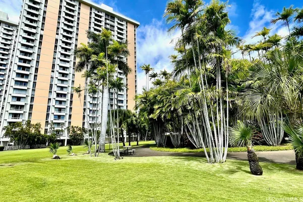a view of a tall building in the garden