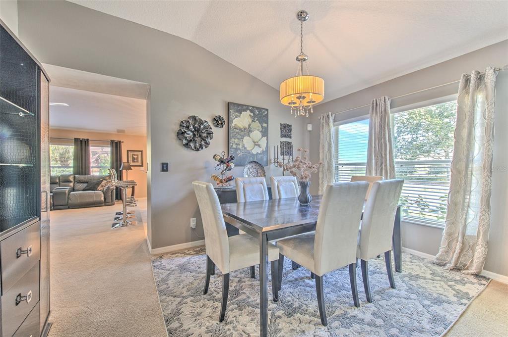 7352 Bridgeview Drive Zephyrhills, FL 33545 - Photo 14 of 49 a view of a dining room with furniture wooden floor and chandelier