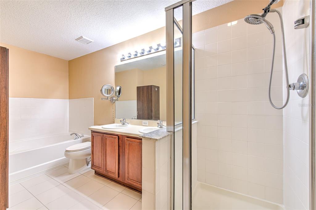 7352 Bridgeview Drive Zephyrhills, FL 33545 - Photo 32 of 49 a bathroom with a granite countertop sink a toilet and shower