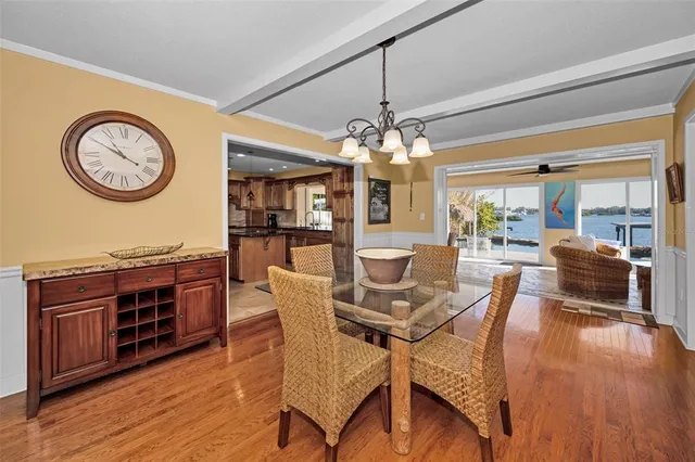 a view of a balcony with wooden floor