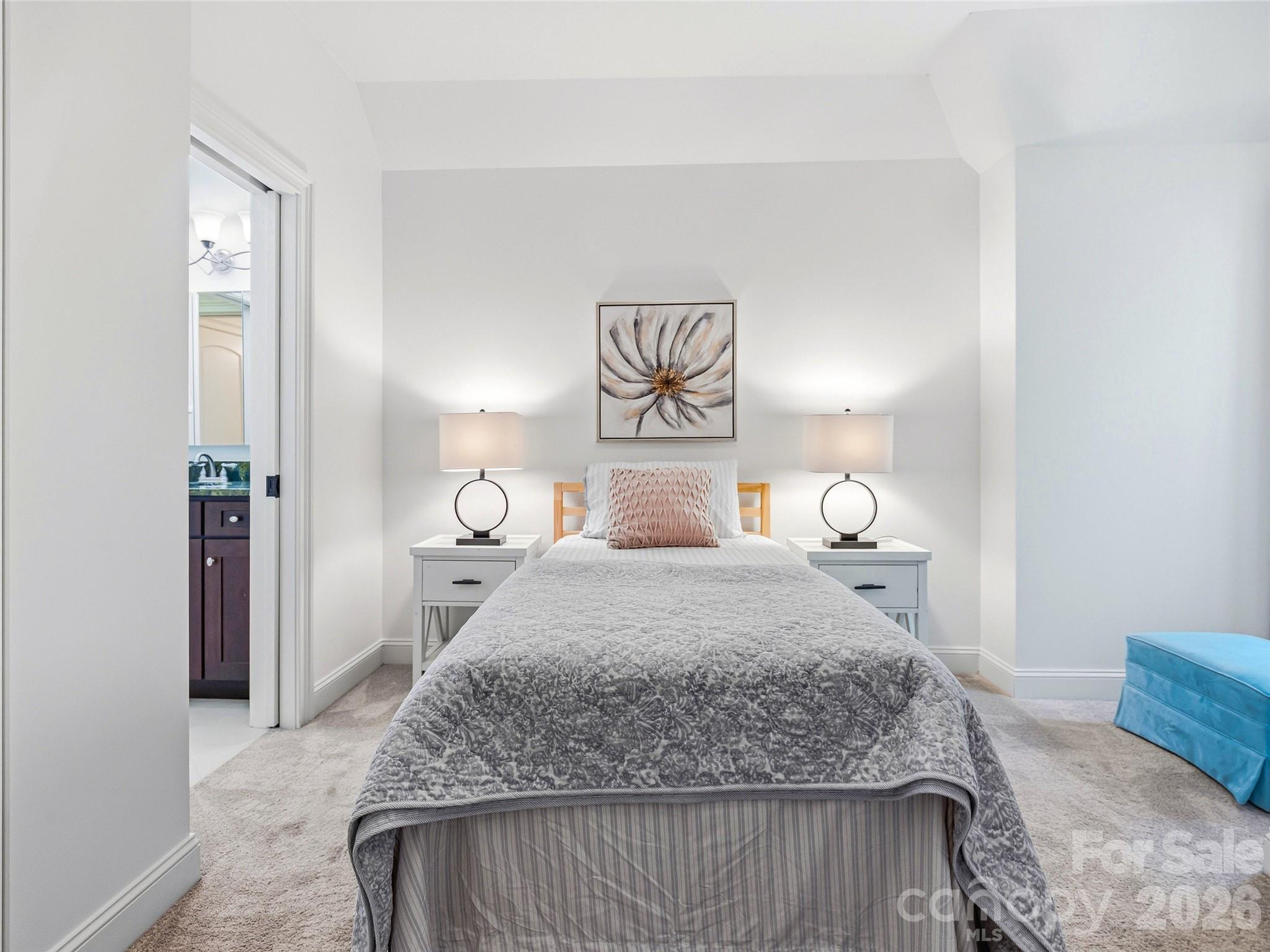 732 Streamside Drive Arden, NC 28704 - Photo 35 of 46 a bedroom with a large bed and a chandelier