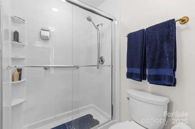 a bathroom with a shower and a toilet
