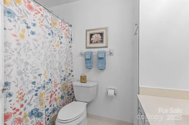 a white toilet sitting next to a shower curtain
