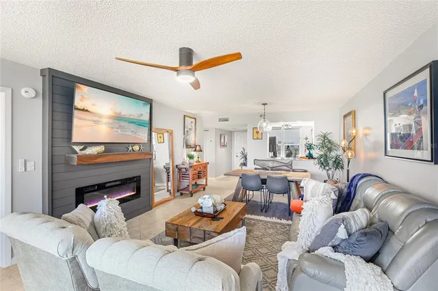 a living room with furniture a flat screen tv and a fireplace
