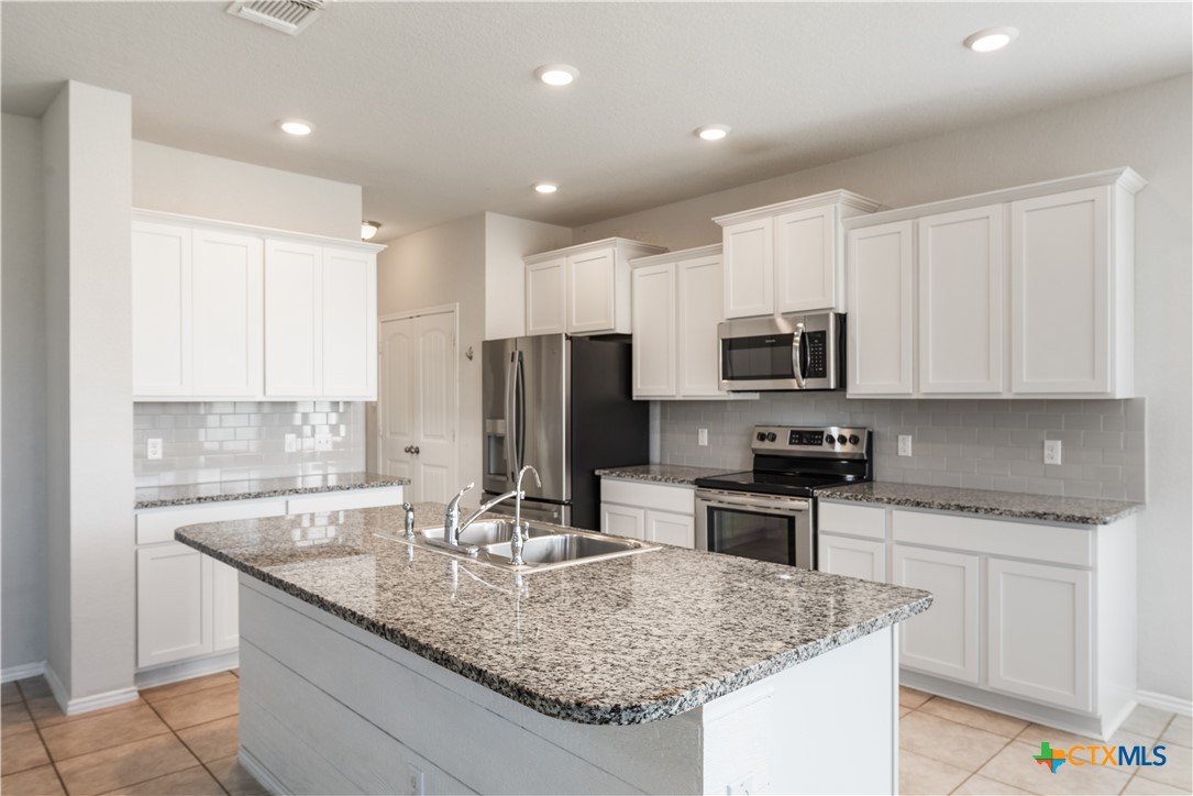 1129 Ibis Falls Loop Jarrell, TX 76537 - Photo 17 of 39 a kitchen with stainless steel appliances granite countertop a sink dishwasher a stove and a refrigerator with wooden floor