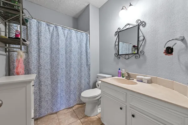 a bathroom with a sink a toilet and shower curtain
