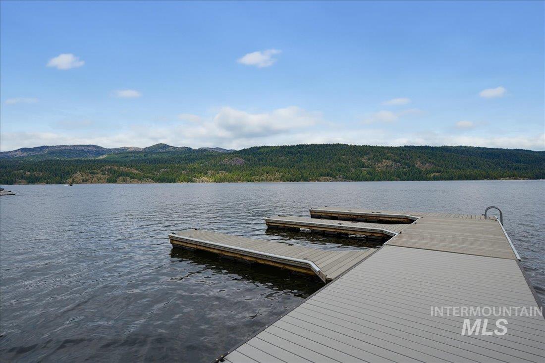 3800 Warren Wagon Road McCall, ID 83638 - Photo 38 of 50 Waterfront property featuring a multi-section dock system, a dock ladder for water access, and a mountainous, tree-lined horizon