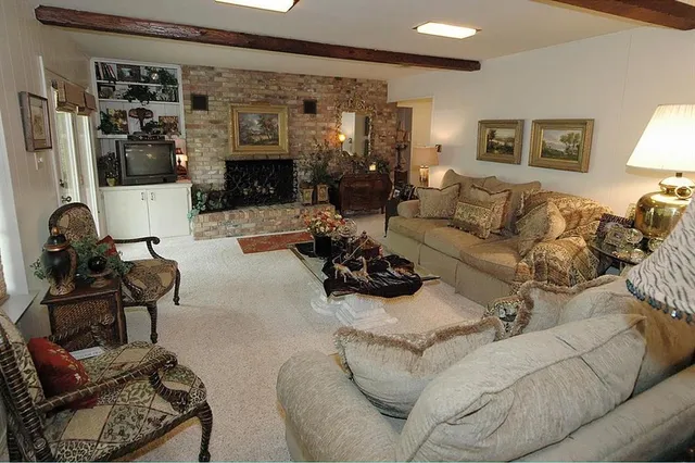 a living room with furniture and potted plants