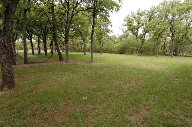 a view of a field with trees in the background