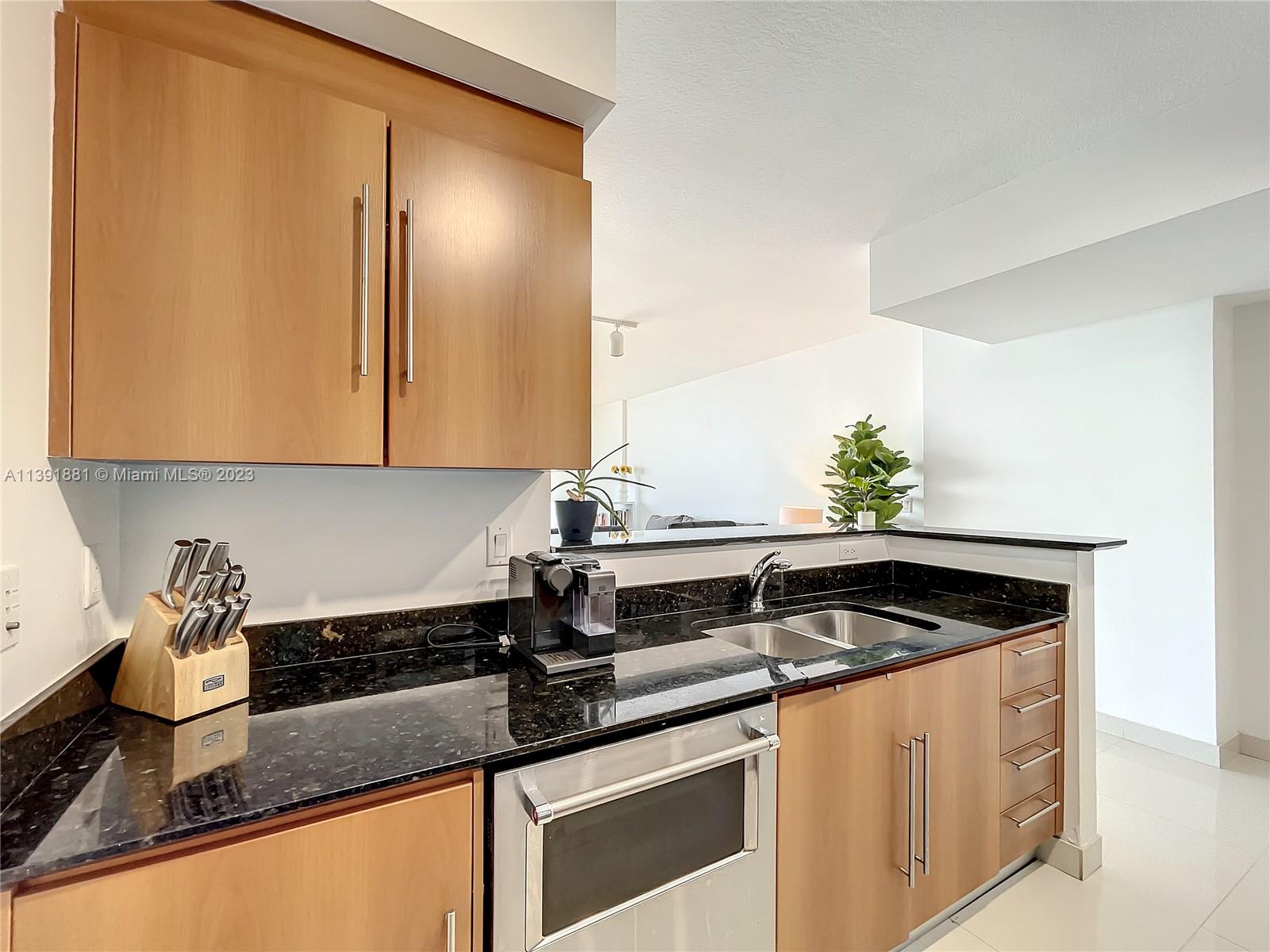 335 South Biscayne Boulevard, Unit 3103 Miami, FL 33131 - Photo 9 of 35 a kitchen with granite countertop a sink and cabinets