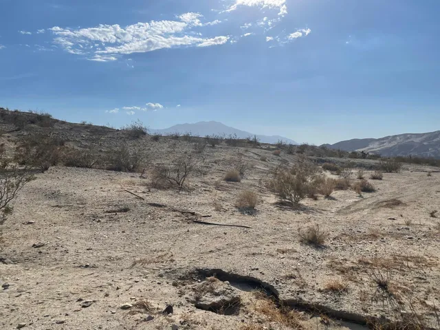 a view of a dry yard with mountains in the background