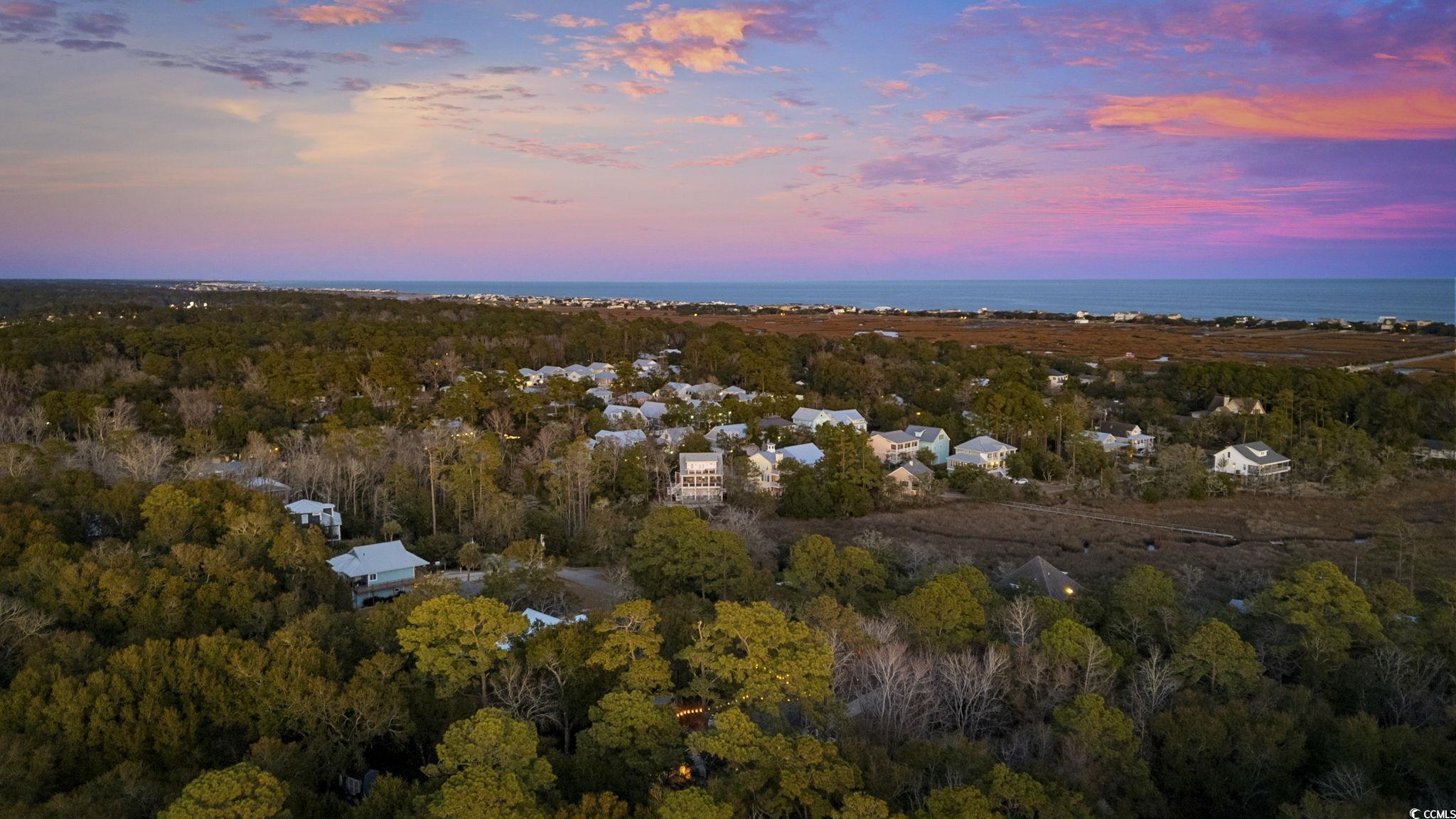 153 Watson Way Pawleys Island, SC 29585 - Photo 38 of 40 Aerial view at dusk of a wooded view and a water view
