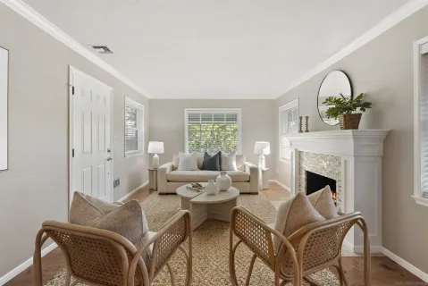 a living room with furniture and a fireplace