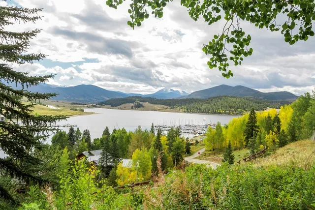 a view of a lake with houses in the back
