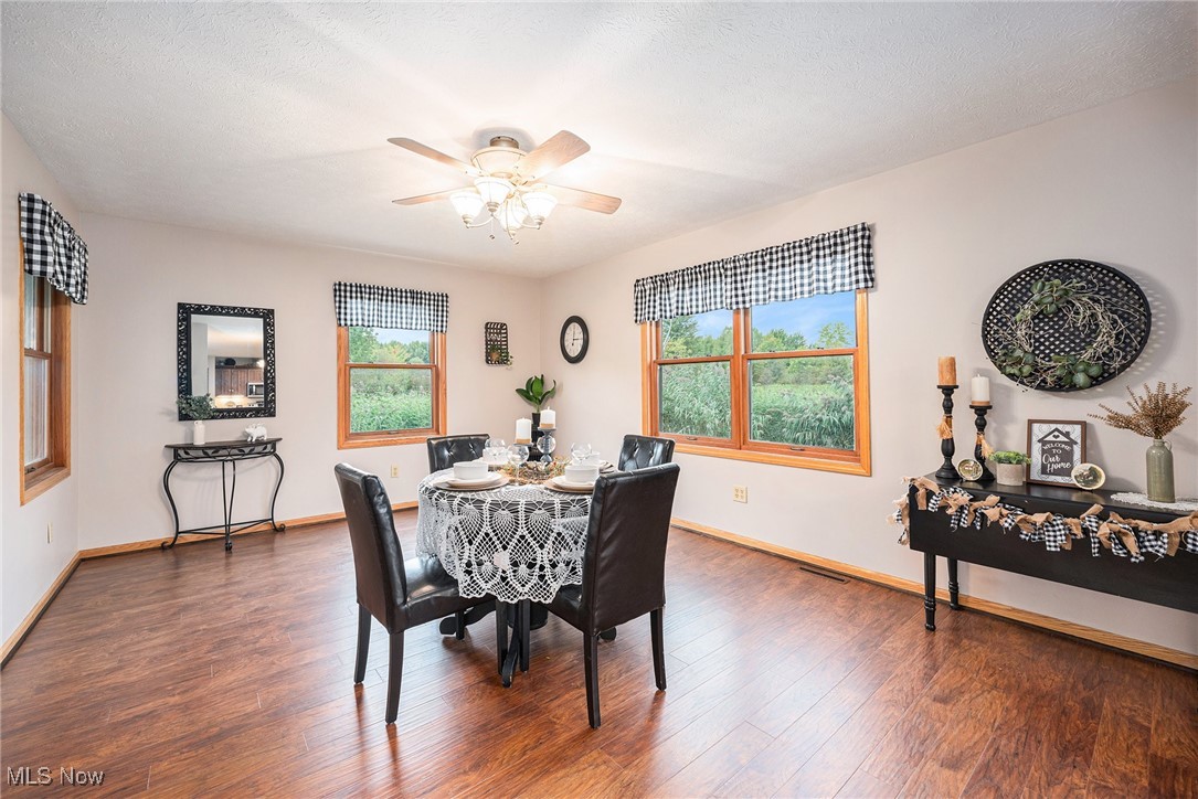 2073 Sexton Road Austinburg, OH 44010 - Photo 11 of 32 Dining area with dark wood-style floors, a ceiling fan, and a textured ceiling