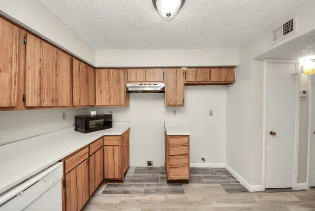 a kitchen with stainless steel appliances granite countertop a refrigerator a sink dishwasher and wooden cabinets with wooden floor