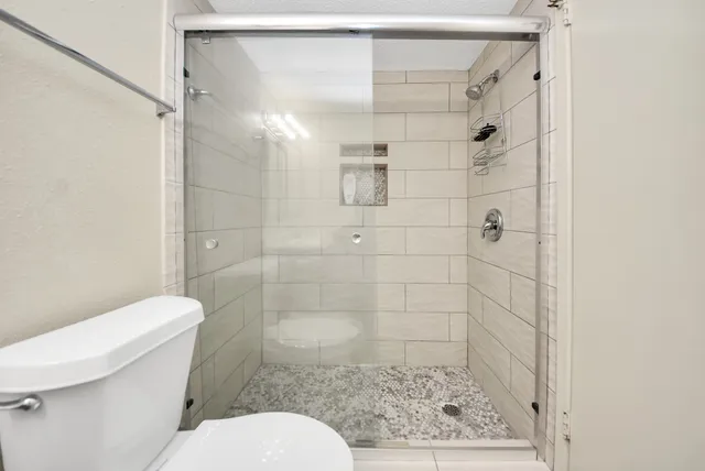 a bathroom with a shower and toilet