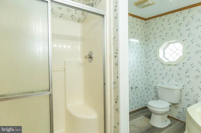 a bathroom with a toilet and a shower