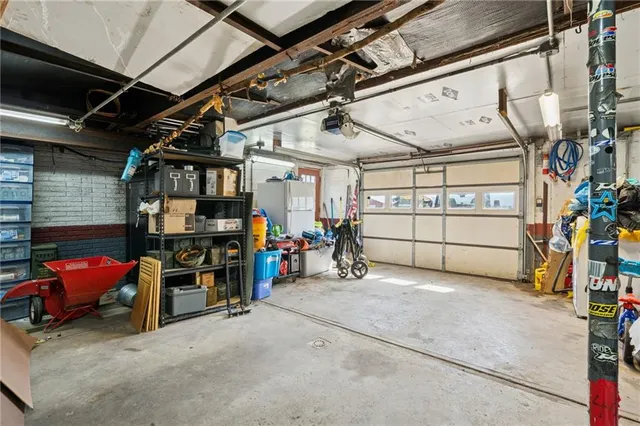 a view of a garage with storage