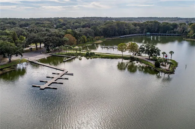 an aerial view of a house with swimming pool and lake view