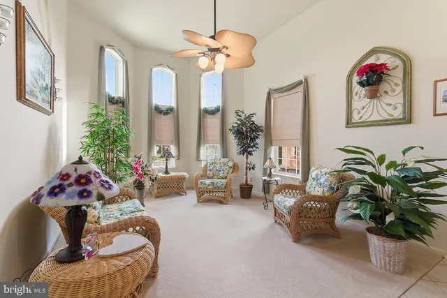 a living room with furniture flowerpot and a chandelier