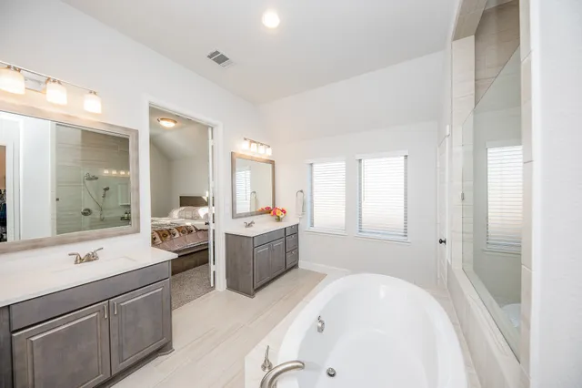 a large bathroom with a tub double vanity sink shower and mirror