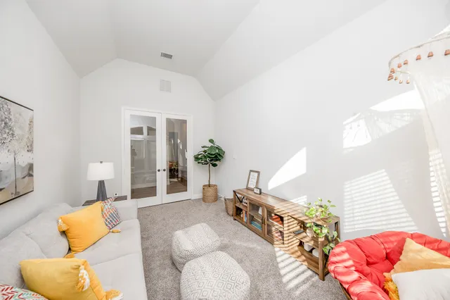 a living room with furniture and a potted plant