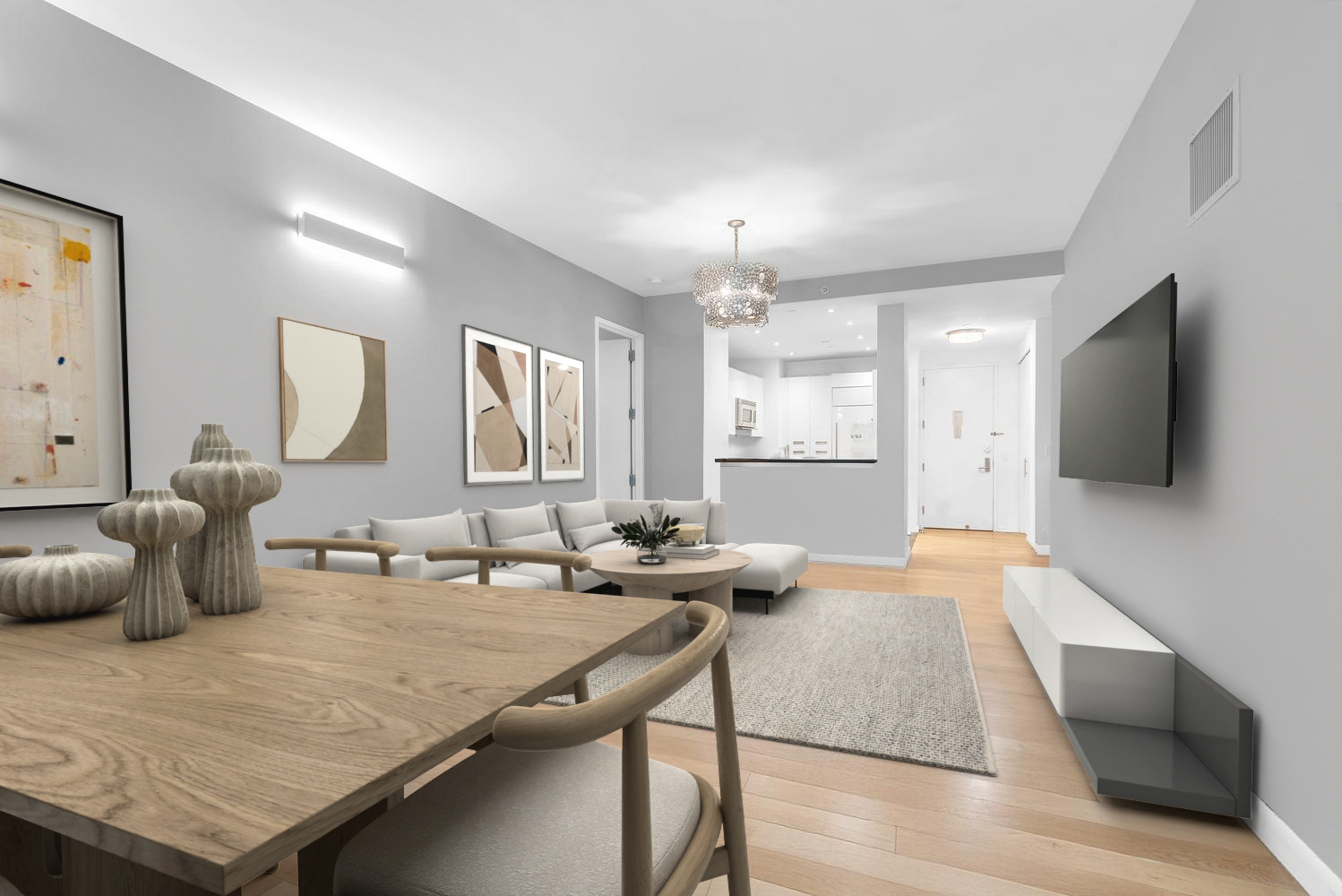 46-30 Center Boulevard, Unit 602 Queens, NY 11109 - Photo 4 of 18 a living room with granite countertop furniture and a flat screen tv